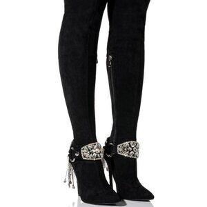 AZALEA WANG " SADDLE UP PRETTY "KNEE HIGH RHINESTONE FRINGE / BLACK (BRAND NEW!)